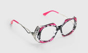 00 - Black Ink Blots Married with Hot Pink and Intricate Stainless Steel Temples