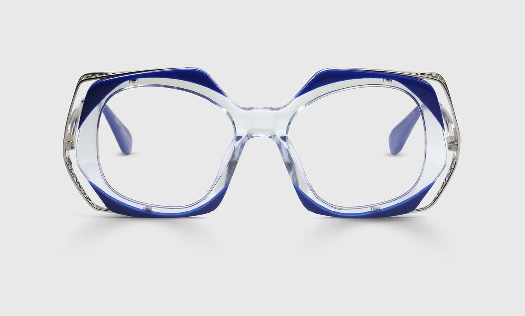 [10 - Decorative Cobalt and Clear Corners Matched with Intricate Stainless Steel Temples]